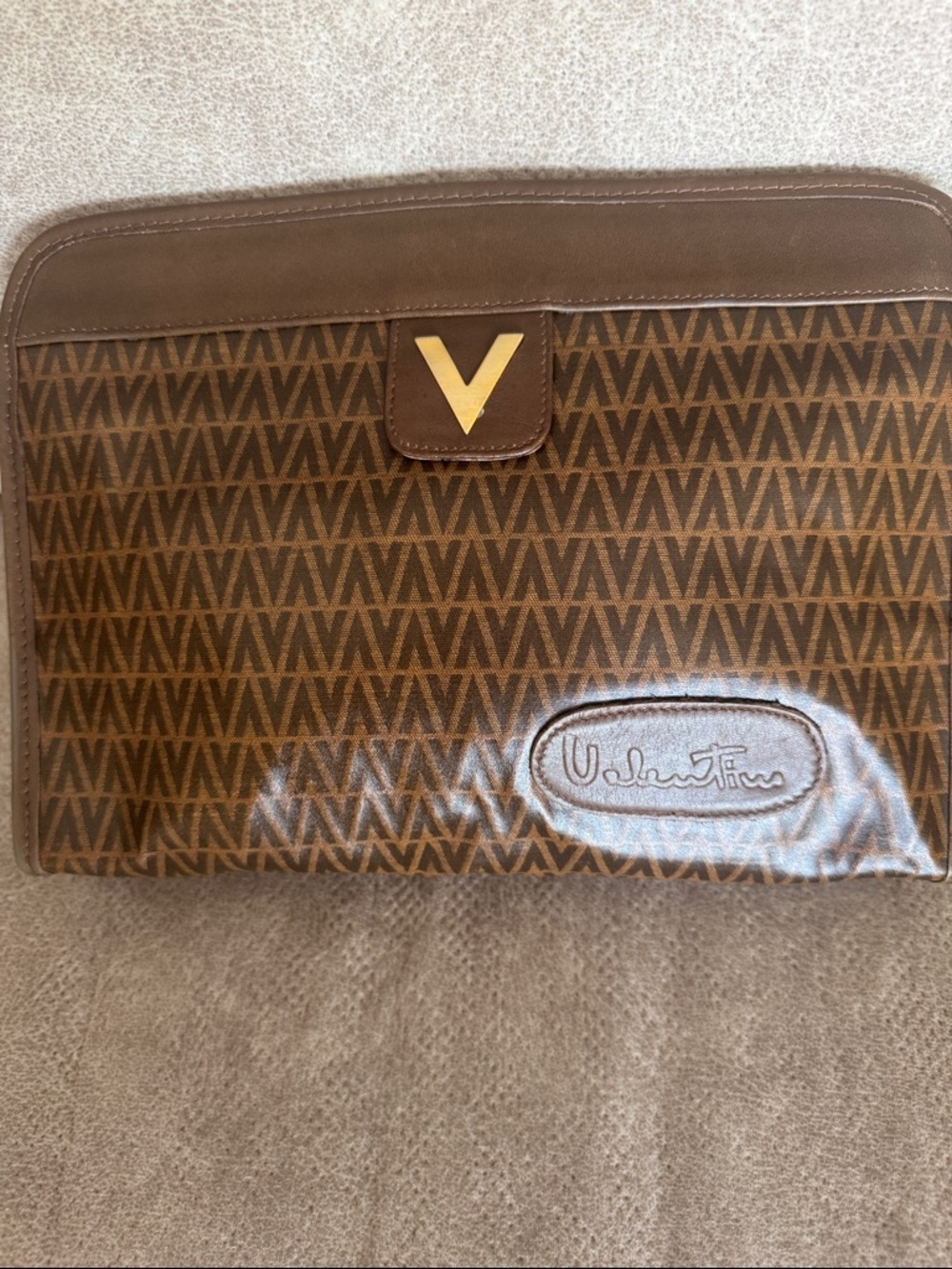 Valentino Brown Monogram Clutch with Gold V Accent